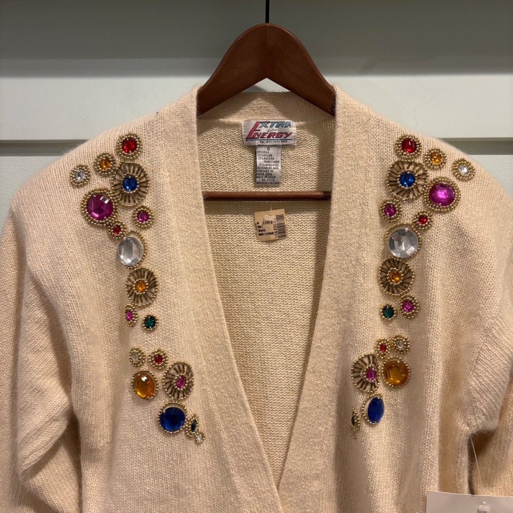 Vintage Extra Energy Cardigan S Angora Silk Jeweled Rhinestone Glam NWT - Picture 4 of 12